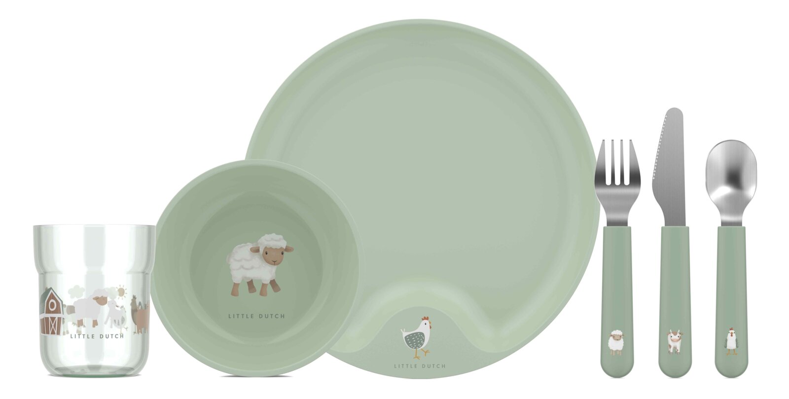Kindergeschirr-Set mit Teller, Schüssel, Becher und Besteck in sanftem Grün mit Tiermotiven, Vogelperspektive