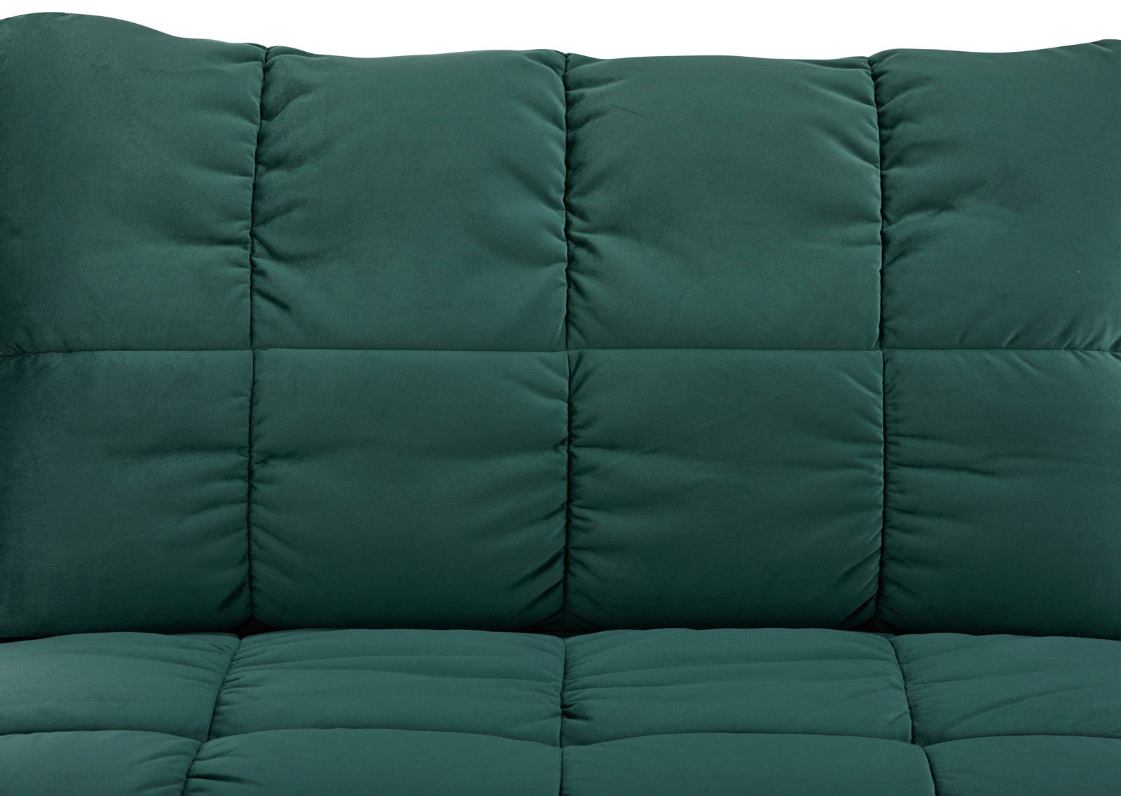 Nahaufnahme eines grünen Funktionssessels mit gepolstertem Stoffbezug, Vorderansicht.