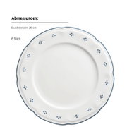 Weißer Keramikteller mit gewelltem Rand, blauem Rand und kleinen blauen Punkt-Blumen, Durchmesser 26 cm (6 Stück), Draufsicht von oben