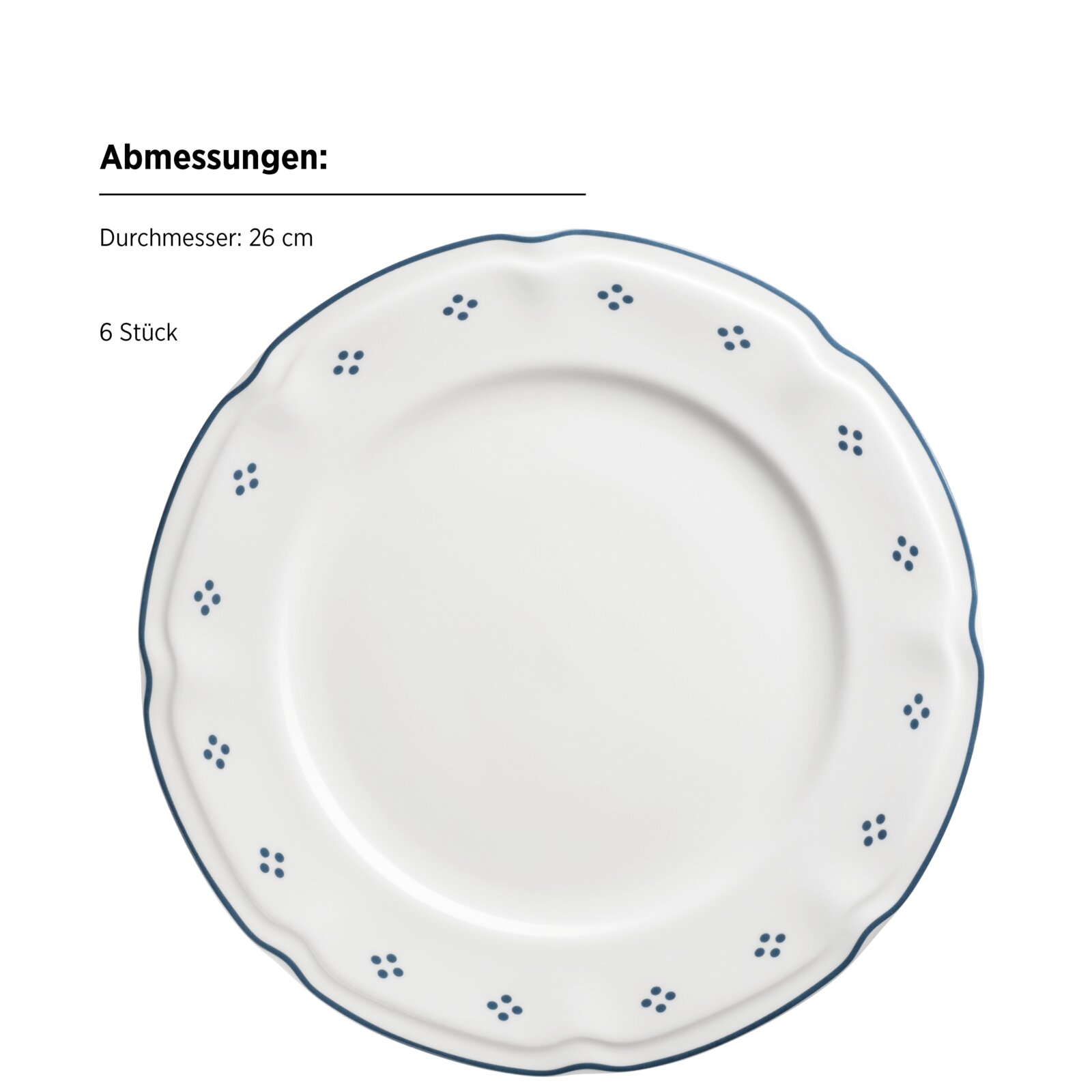 Weißer Keramikteller mit gewelltem Rand, blauem Rand und kleinen blauen Punkt-Blumen, Durchmesser 26 cm (6 Stück), Draufsicht von oben