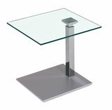 Moderner Couchtisch mit Glasplatte und Metallgestell, seitliche Perspektive