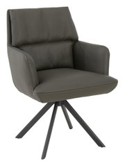 Moderne fauteuil van donker leer met vier zwarte metalen poten, zijaanzicht