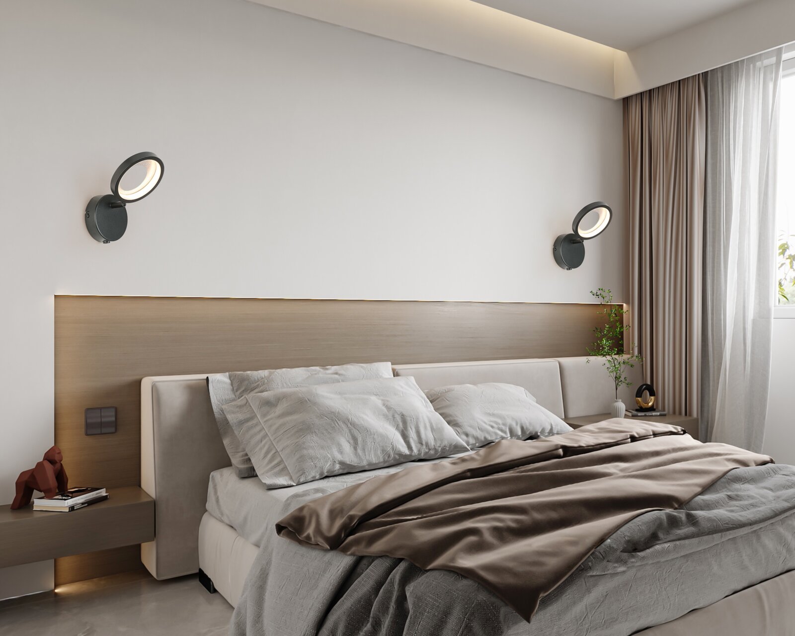 Moderne led-spots aan de muur boven een stijlvol bed in een elegant ingerichte slaapkamer, gezien vanuit de zijkant.
