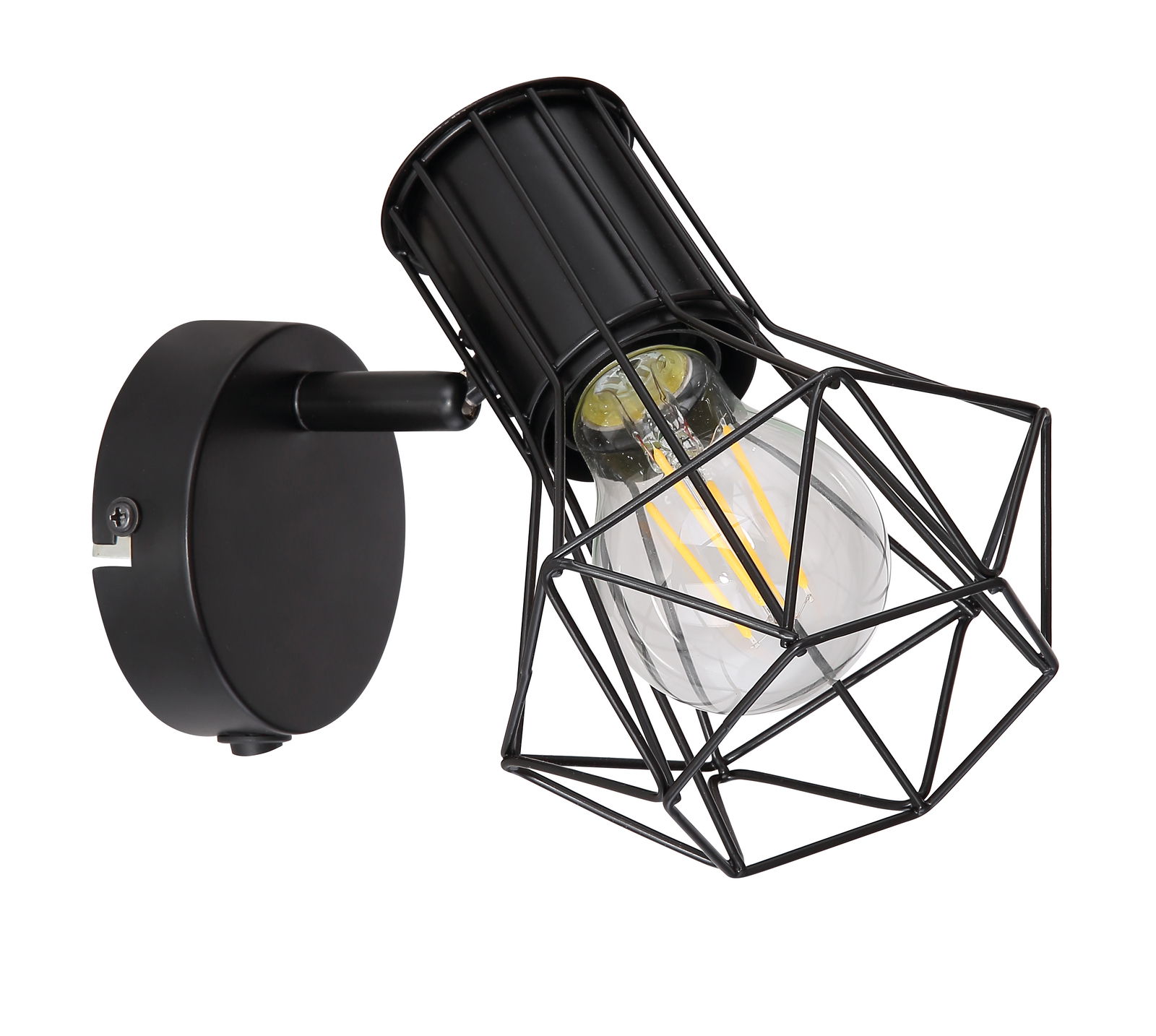 Schwarzer Metallstrahler mit geometrischem Gitterdesign, seitliche Perspektive