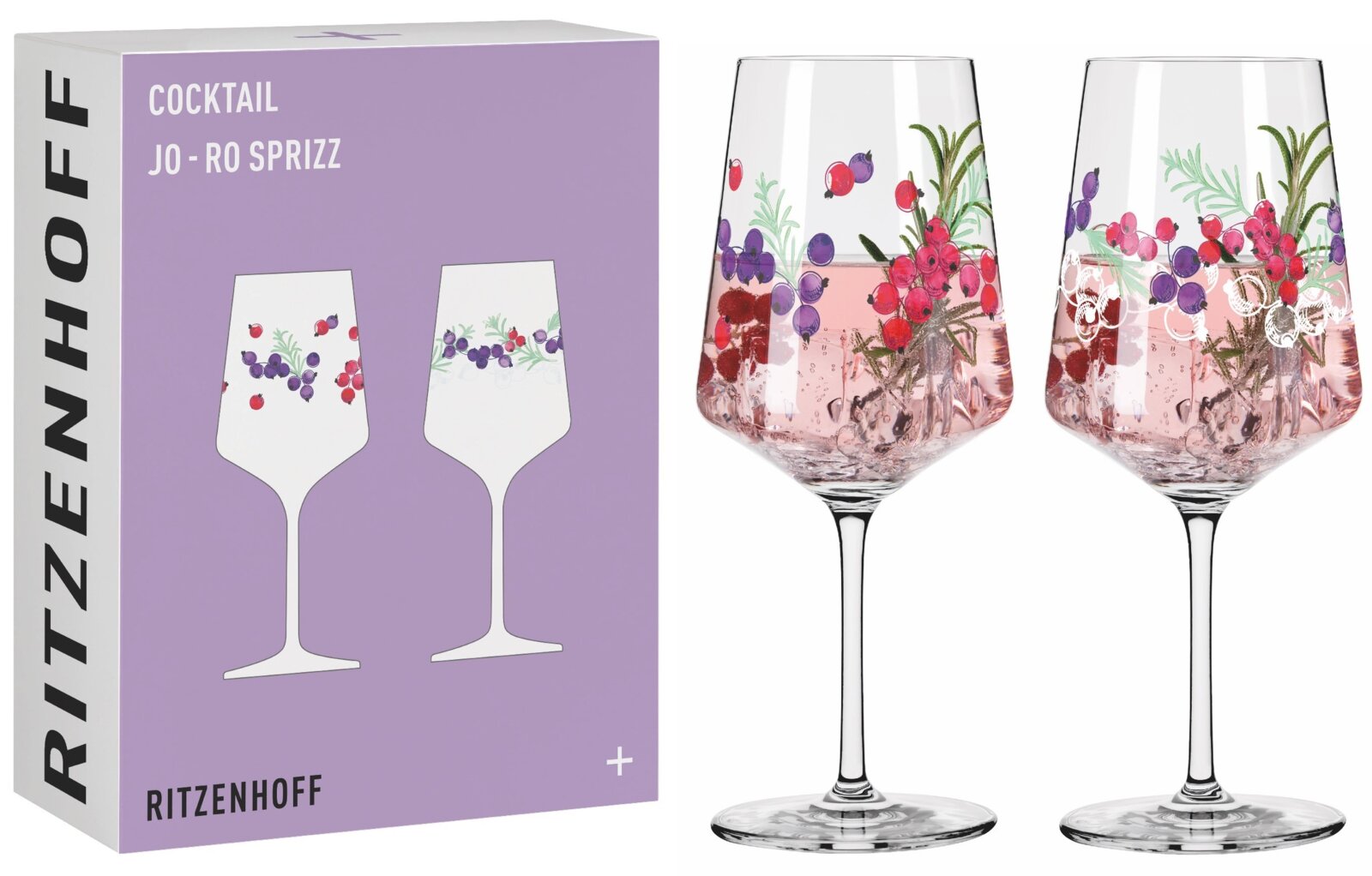 Twee elegante cocktailglazen met een kleurrijk motief van bessen en kruiden, gepresenteerd in een stijlvolle verpakking, zijaanzicht.