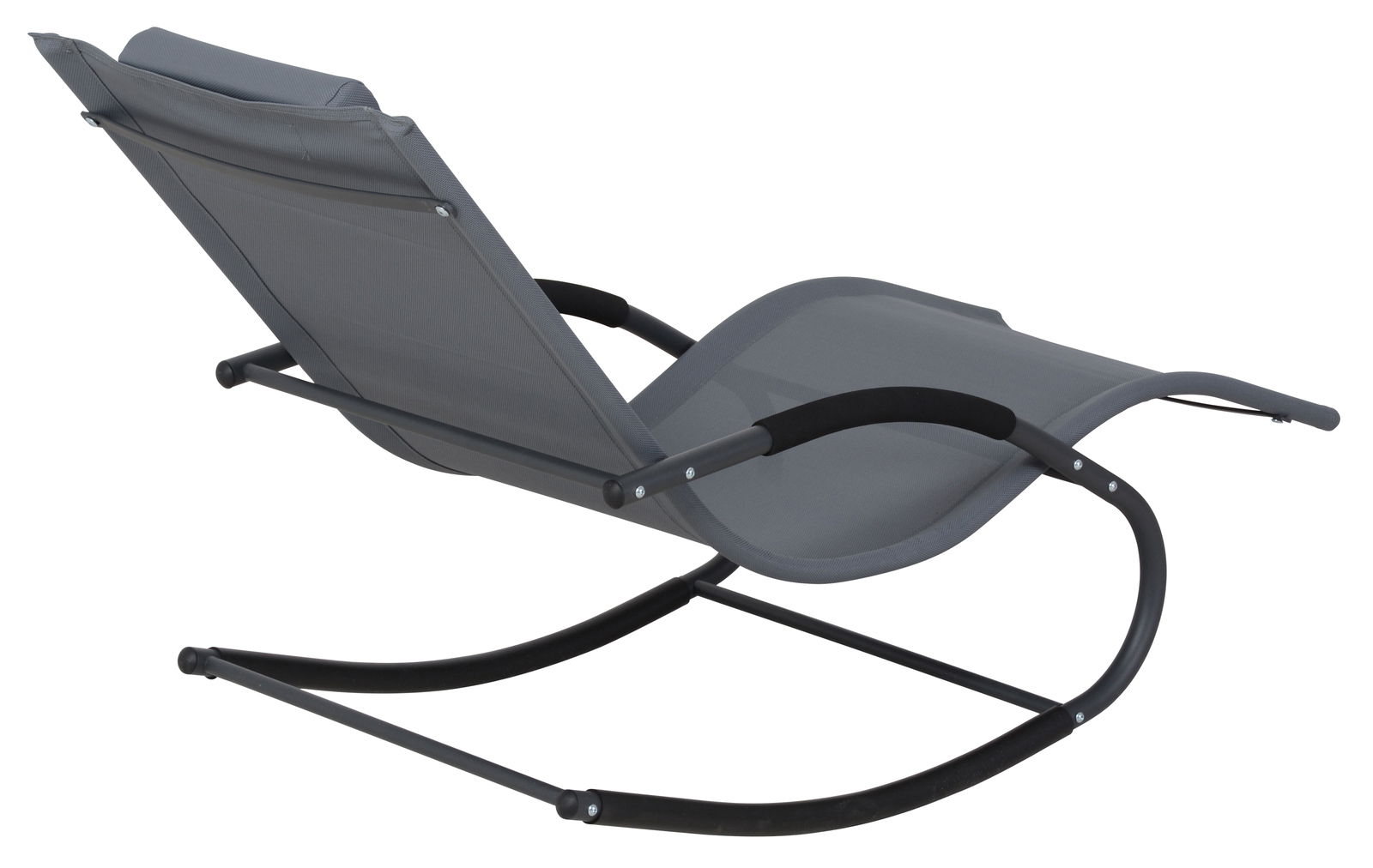 Graue Schaukelliege aus Metall und Stoff, seitliche Perspektive