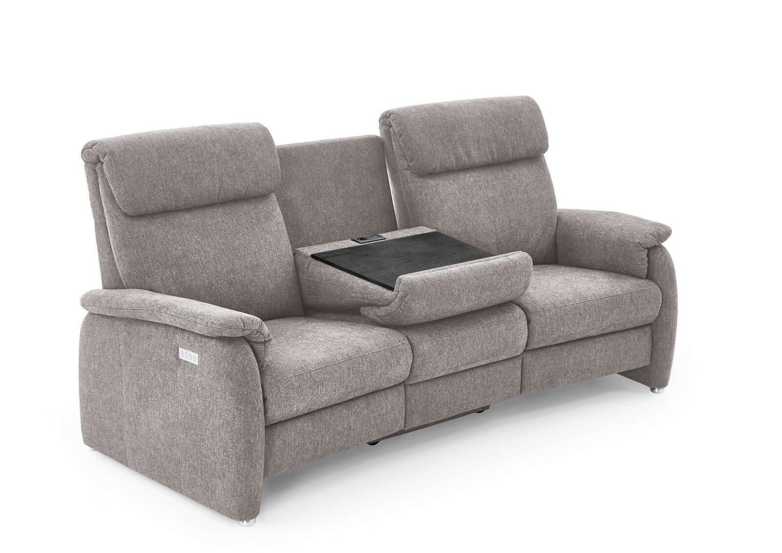 Graues Trapezsofa mit drei Sitzen, mittlerer Sitz mit heruntergeklappter Ablage, seitliche Perspektive