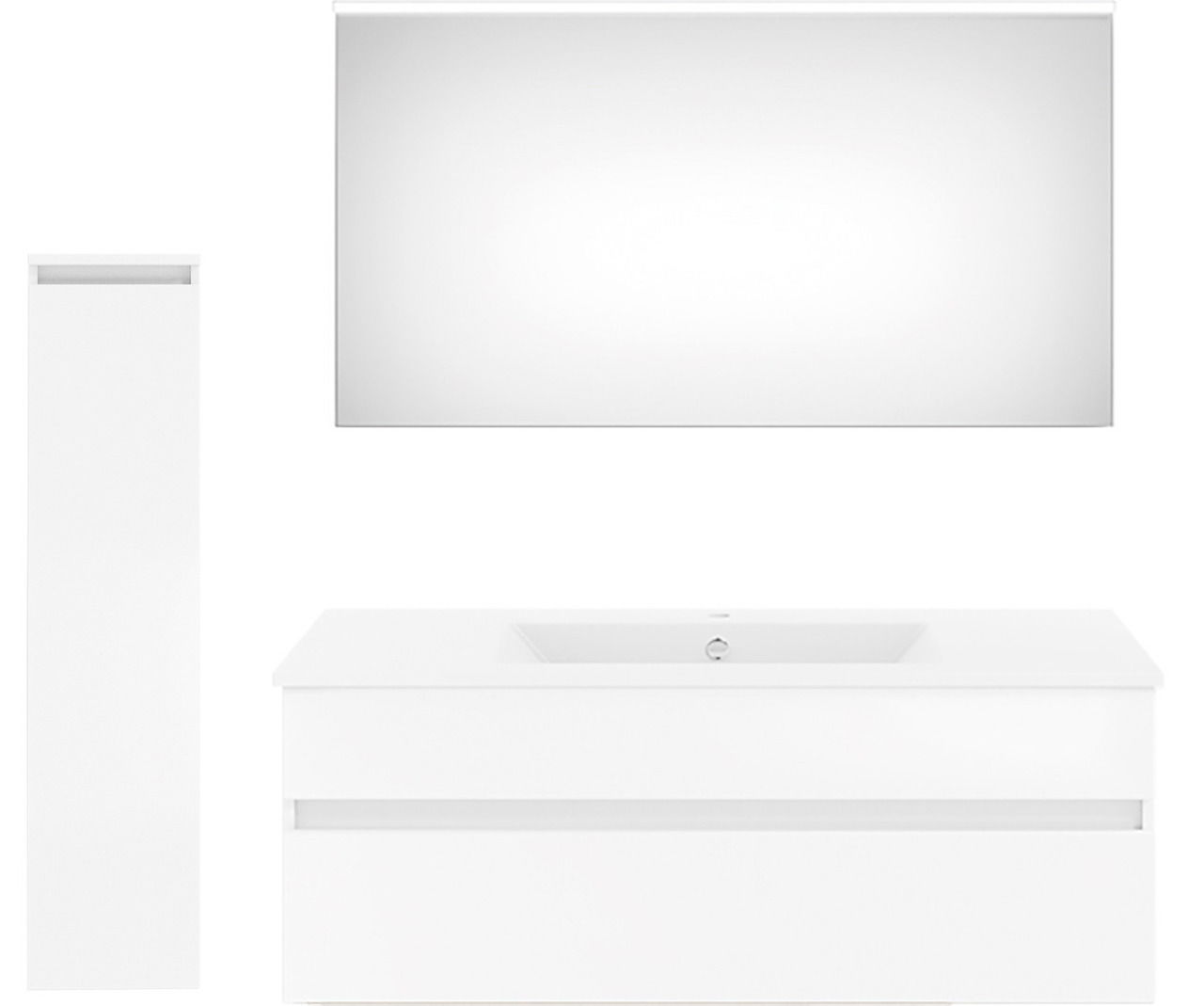 Puris Badkombination GET2YOU 21 Moderne Badkombination in Weiß mit großem Spiegel, Waschtisch und hohem Schrank, frontal betrachtet.