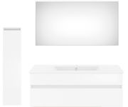 Moderne Badkombination in Weiß mit großem Spiegel, Waschtisch und hohem Schrank, frontal betrachtet.