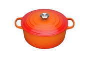 Gourmet Bräter 30cm in Ofenrot von oben mit zwei Griffen und einem Edelstahlknauf auf dem Deckel