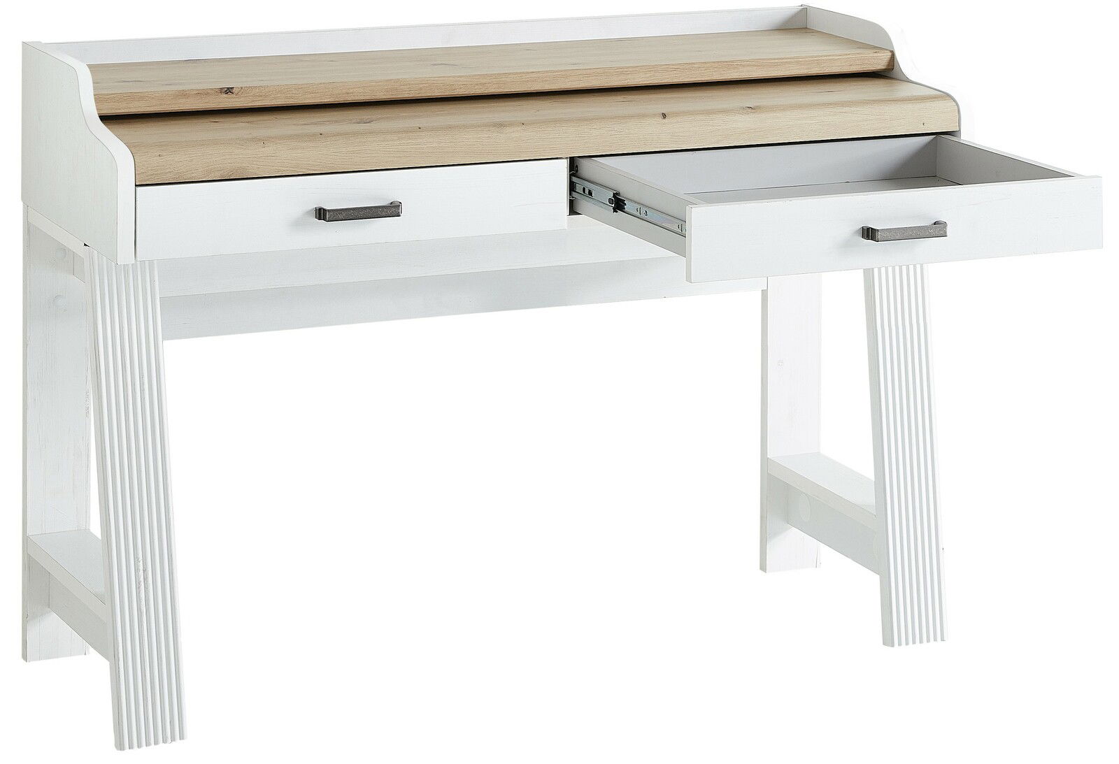 Weißer Sekretär der Serie JUDITH mit zwei Schubladen, eine geöffnet, aus seitlicher Perspektive.