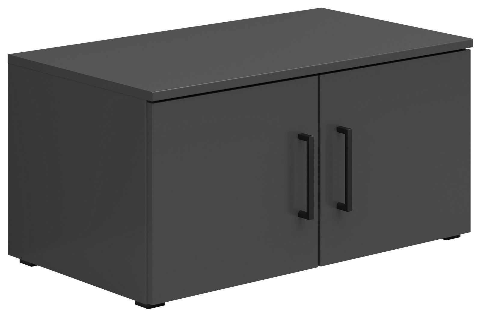 Carryhome Aufsatzschrank MULTISTAURAUM Schwarzer Aufsatzschrank mit zwei Türen und schwarzen Griffen, perspektivisch von vorne links gesehen.