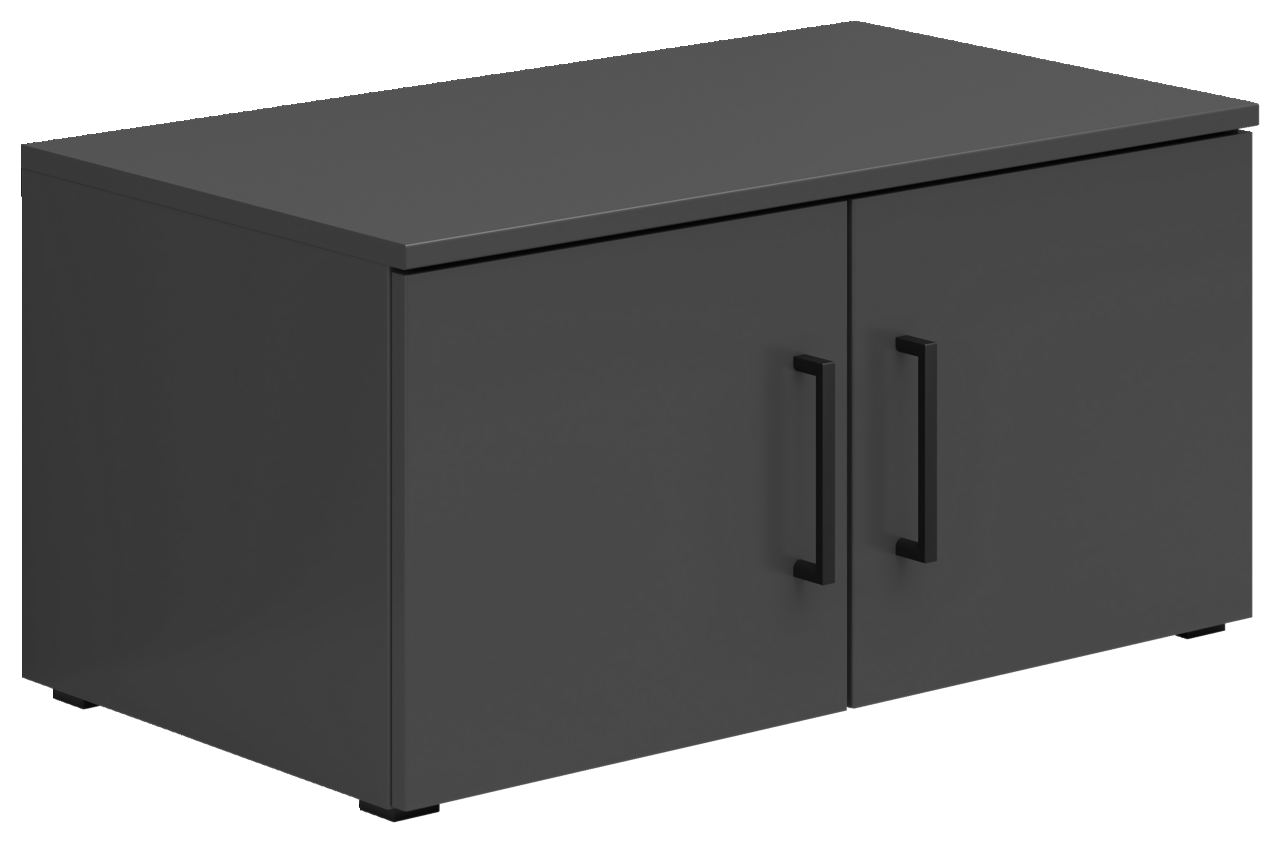 Carryhome Aufsatzschrank MULTISTAURAUM Schwarzer Aufsatzschrank mit zwei Türen und schwarzen Griffen, perspektivisch von vorne links gesehen.
