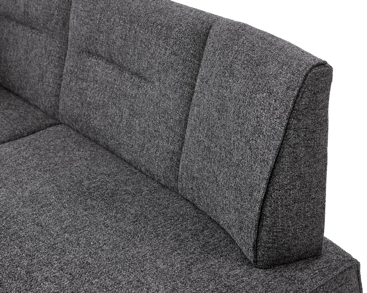 Graue Eckbank mit gepolsterter Rückenlehne, seitliche Perspektive