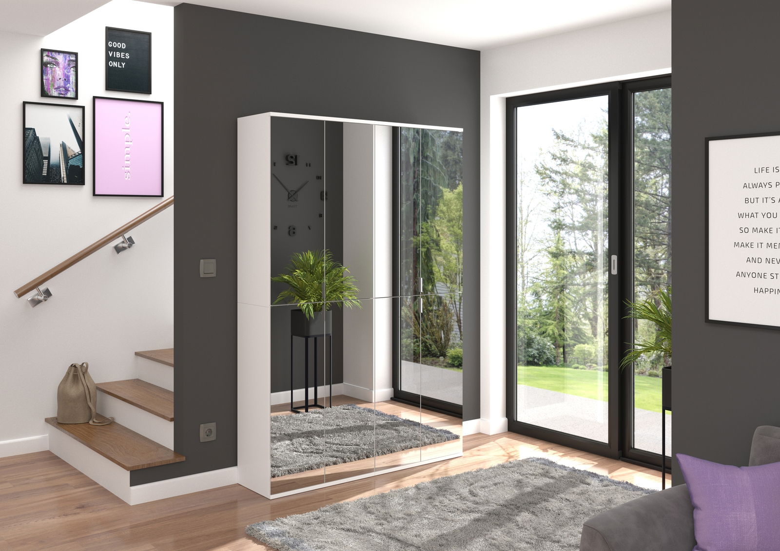 Moderne Garderobenkombination mit Spiegeln in einem hellen Raum, seitliche Perspektive.