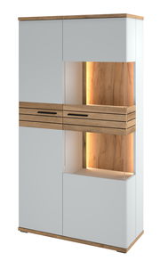 Modernes Highboard mit Holz- und Weißakzenten, beleuchtet, Frontalansicht