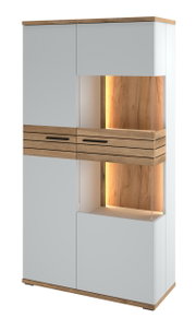 Modern hoogkast met houten en witte accenten, verlicht, vooraanzicht