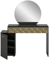 Schminktisch mit rundem Spiegel und geometrisch gemusterten Schubladenfronten, seitlich geöffneter Schrank, Frontalansicht