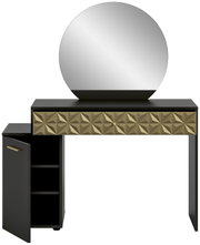 Schminktisch mit rundem Spiegel und geometrisch gemusterten Schubladenfronten, seitlich geöffneter Schrank, Frontalansicht