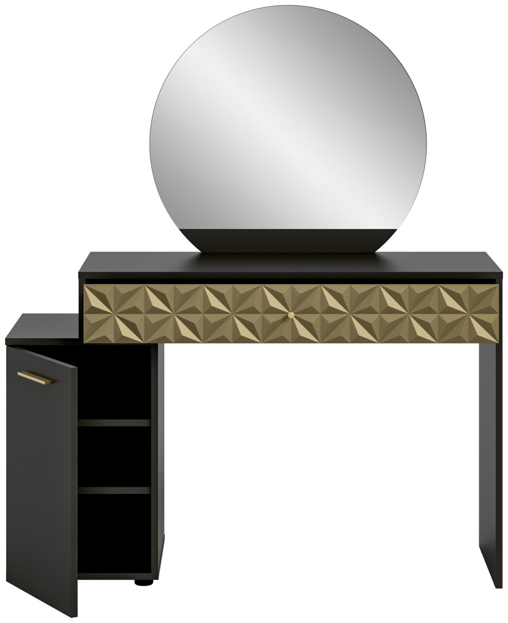 Schminktisch mit rundem Spiegel und geometrisch gemusterten Schubladenfronten, seitlich geöffneter Schrank, Frontalansicht