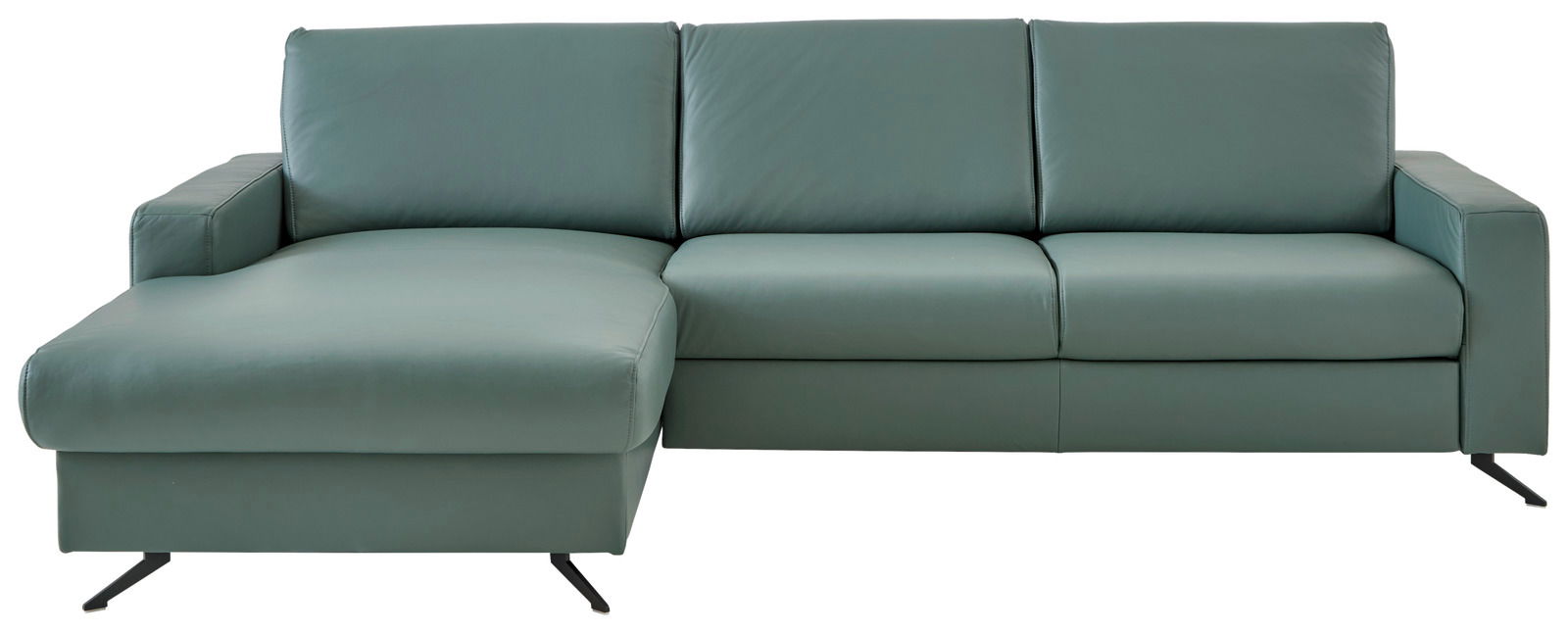 Beldomo Premium Longchairkombination PERFECT-L Grüne Longchairkombination aus Leder, frontal betrachtet, mit linkem Longchair und modernen Metallfüßen.