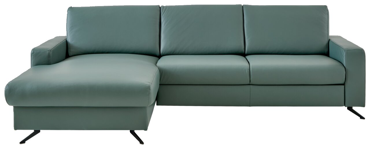 Beldomo Premium Longchairkombination PERFECT-L Grüne Longchairkombination aus Leder, frontal betrachtet, mit linkem Longchair und modernen Metallfüßen.