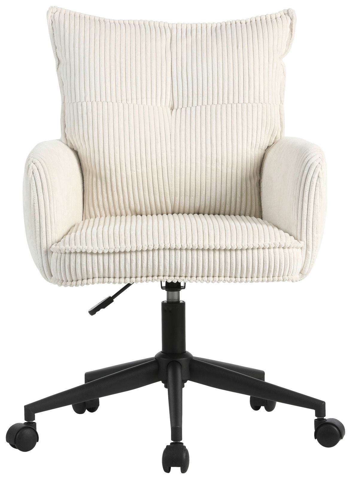 Bequemer Drehstuhl mit cremefarbenem, geripptem Stoffbezug und schwarzem Fußgestell, Frontalansicht