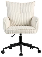 Bequemer Drehstuhl mit cremefarbenem, geripptem Stoffbezug und schwarzem Fußgestell, Frontalansicht
