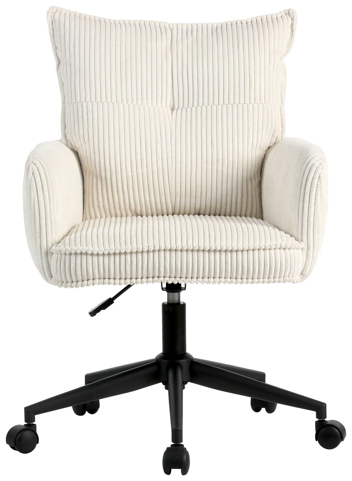 Bequemer Drehstuhl mit cremefarbenem, geripptem Stoffbezug und schwarzem Fußgestell, Frontalansicht