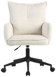 Bequemer Drehstuhl mit cremefarbenem, geripptem Stoffbezug und schwarzem Fußgestell, Frontalansicht