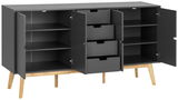 Graues Sideboard mit offenen Türen und Schubladen, auf Holzbeinen, Frontalansicht