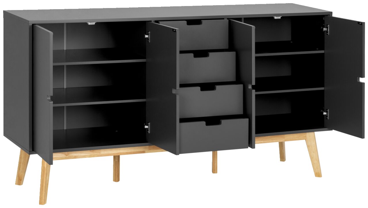 Graues Sideboard mit offenen Türen und Schubladen, auf Holzbeinen, Frontalansicht