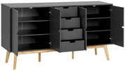 Graues Sideboard mit offenen Türen und Schubladen, auf Holzbeinen, Frontalansicht