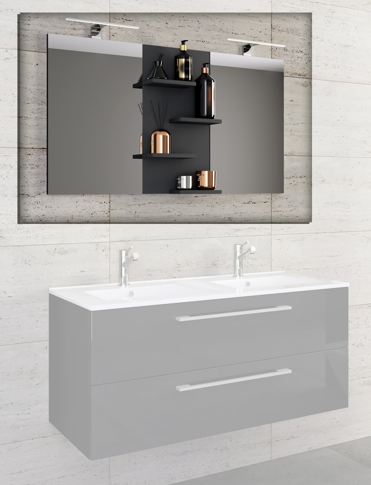 Modernes Badezimmer-Waschtischset mit weißem Doppelwaschtisch und schwebendem Unterschrank mit zwei Schubladen, darüber großer Spiegel mit mittigem schwarzem Regal und LED-Leuchten; frontale Ansicht