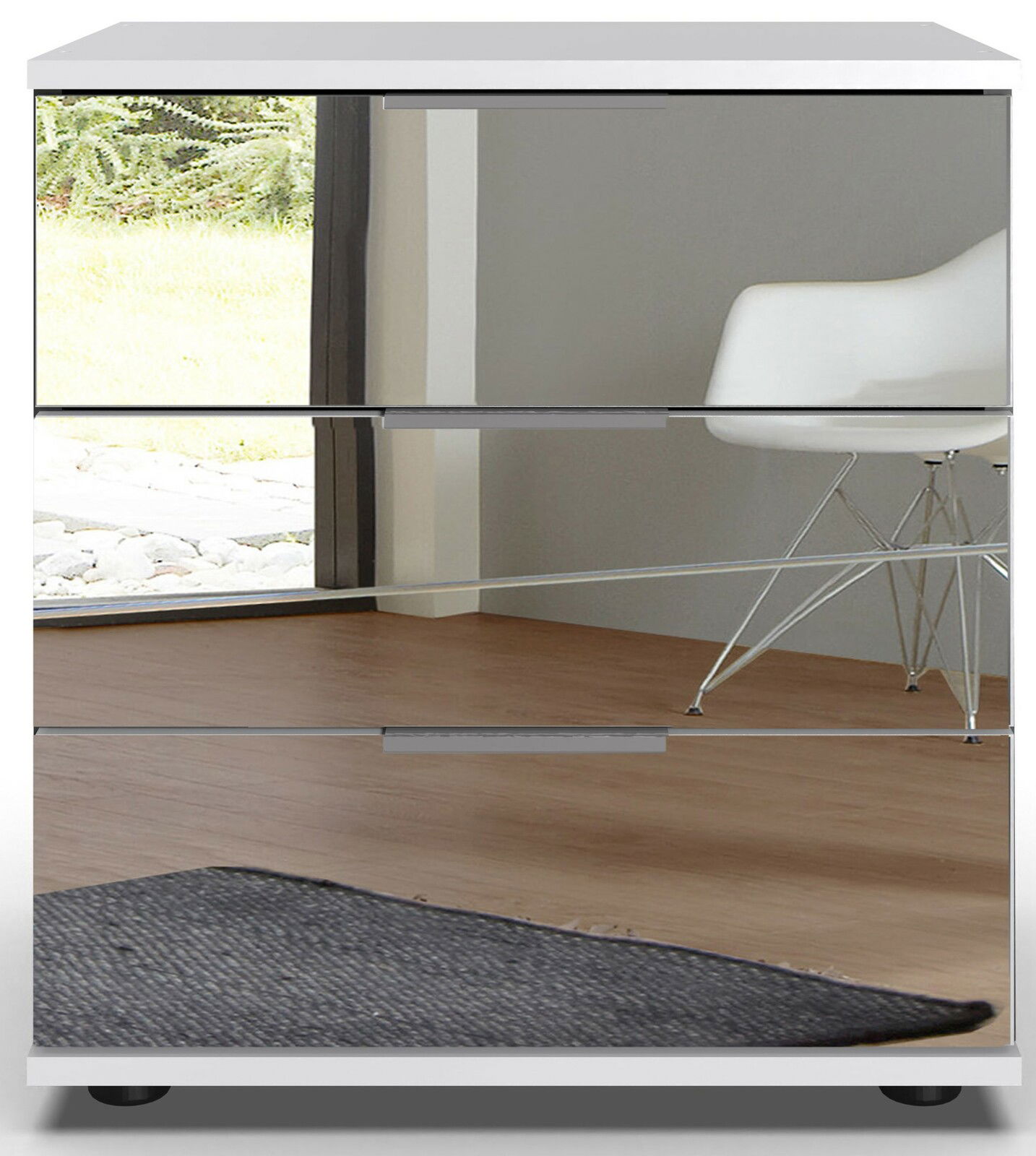 Moderne Nachtkommode mit drei Schubladen und spiegelnder Front, seitliche Perspektive