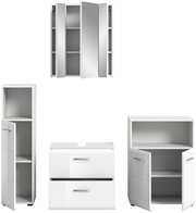 Badkombination bestehend aus einem Spiegelschrank, einem hohen Schrank mit Tür, einem Waschtischunterschrank mit zwei Schubladen und einem Unterschrank mit zwei Türen, alle in weißer Hochglanzoptik, frontale Ansicht.