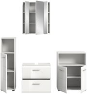 Badkombination bestehend aus einem Spiegelschrank, einem hohen Schrank mit Tür, einem Waschtischunterschrank mit zwei Schubladen und einem Unterschrank mit zwei Türen, alle in weißer Hochglanzoptik, frontale Ansicht.