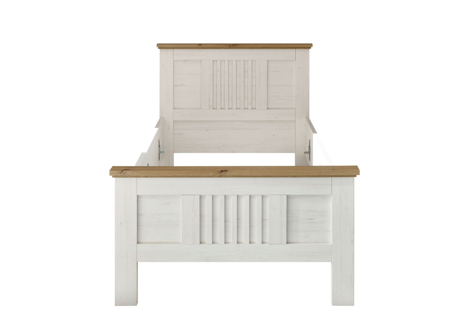 Frontale Ansicht eines weißen Bettes mit Holzverzierungen an Kopf- und Fußteil.