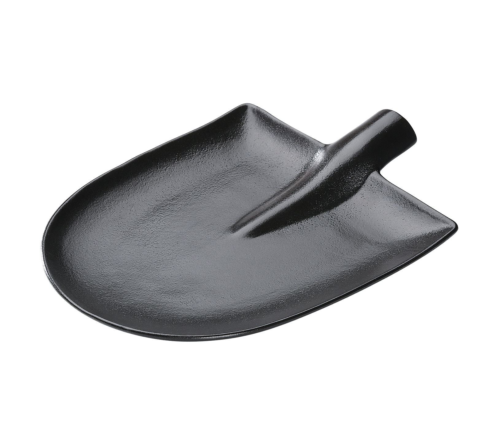 Schwarzer Steak-Servierteller in Form einer Schaufel, seitliche Perspektive