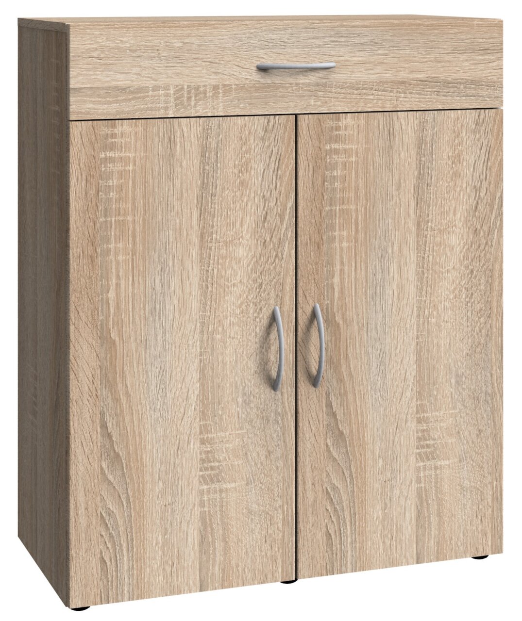 Wäschekommode aus Holz in heller Eichenoptik mit einer Schublade und zwei Türen, frontal abgebildet.