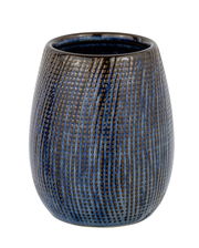 Keramik Zahnputzbecher Ronta in blauer und brauner Textur, frontal fotografiert