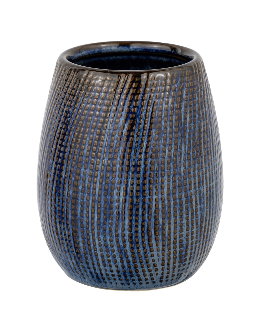 Keramik Zahnputzbecher Ronta in blauer und brauner Textur, frontal fotografiert