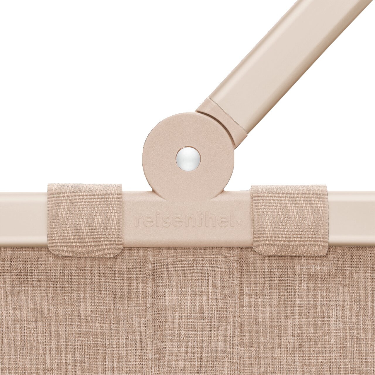 Nahaufnahme des oberen Teils eines Carrybag-Rahmens in der Farbe Twist Coffee mit sichtbarem Griffgelenk und Textilbespannung.