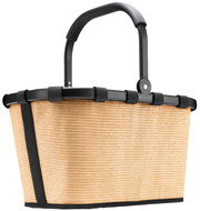 Korb mit schwarzem Griff und Rahmen, aus hellem, gewebtem Material, seitliche Perspektive