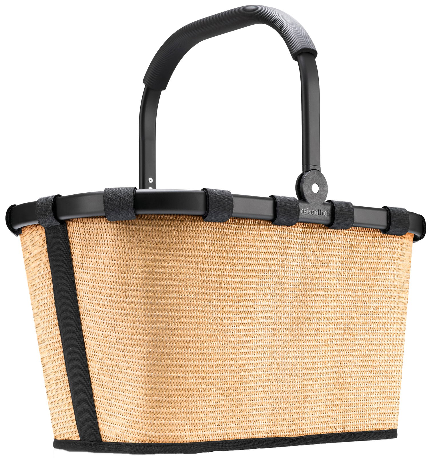 Korb mit schwarzem Griff und Rahmen, aus hellem, gewebtem Material, seitliche Perspektive