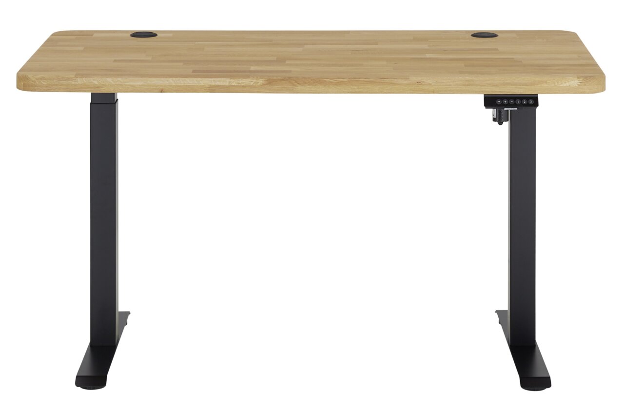 Elektrisch höhenverstellbarer Schreibtisch mit Holzplatte und schwarzen Metallbeinen, Frontalansicht