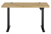 Elektrisch höhenverstellbarer Schreibtisch mit Holzplatte und schwarzen Metallbeinen, Frontalansicht