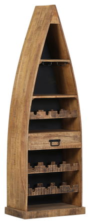 Regal in Bootsform aus Holz mit mehreren Ablagen und Flaschenhaltern, seitliche Perspektive