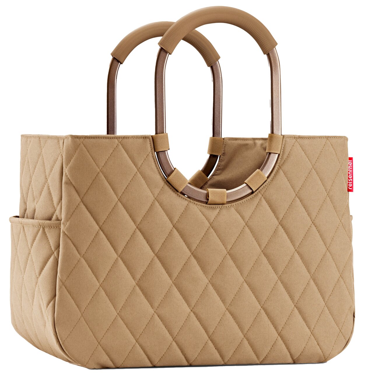 Beige Einkaufstasche mit Rautenmuster und stabilen Griffen, seitliche Perspektive