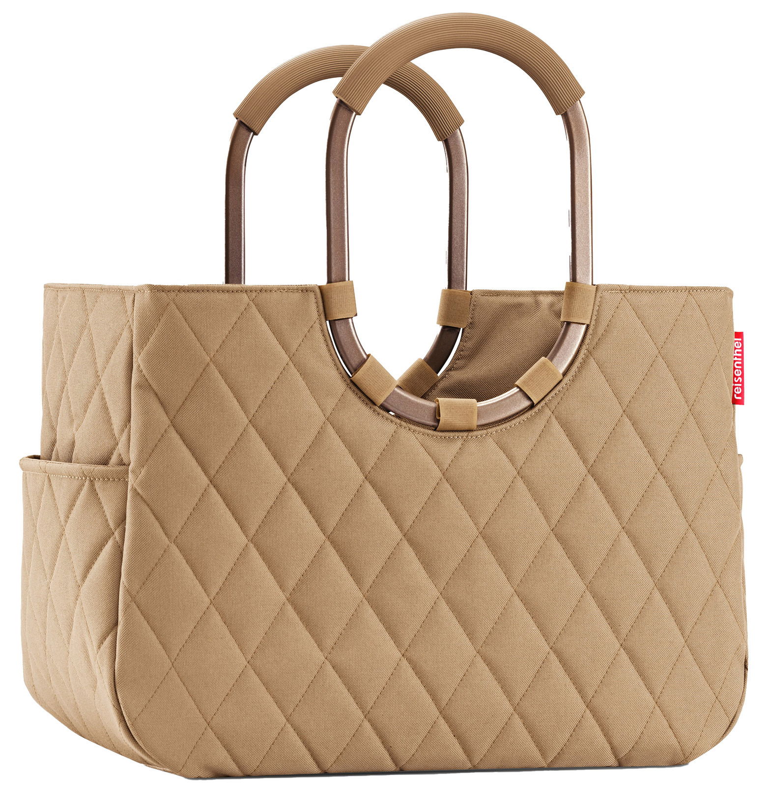 Beige Einkaufstasche mit Rautenmuster und stabilen Griffen, seitliche Perspektive